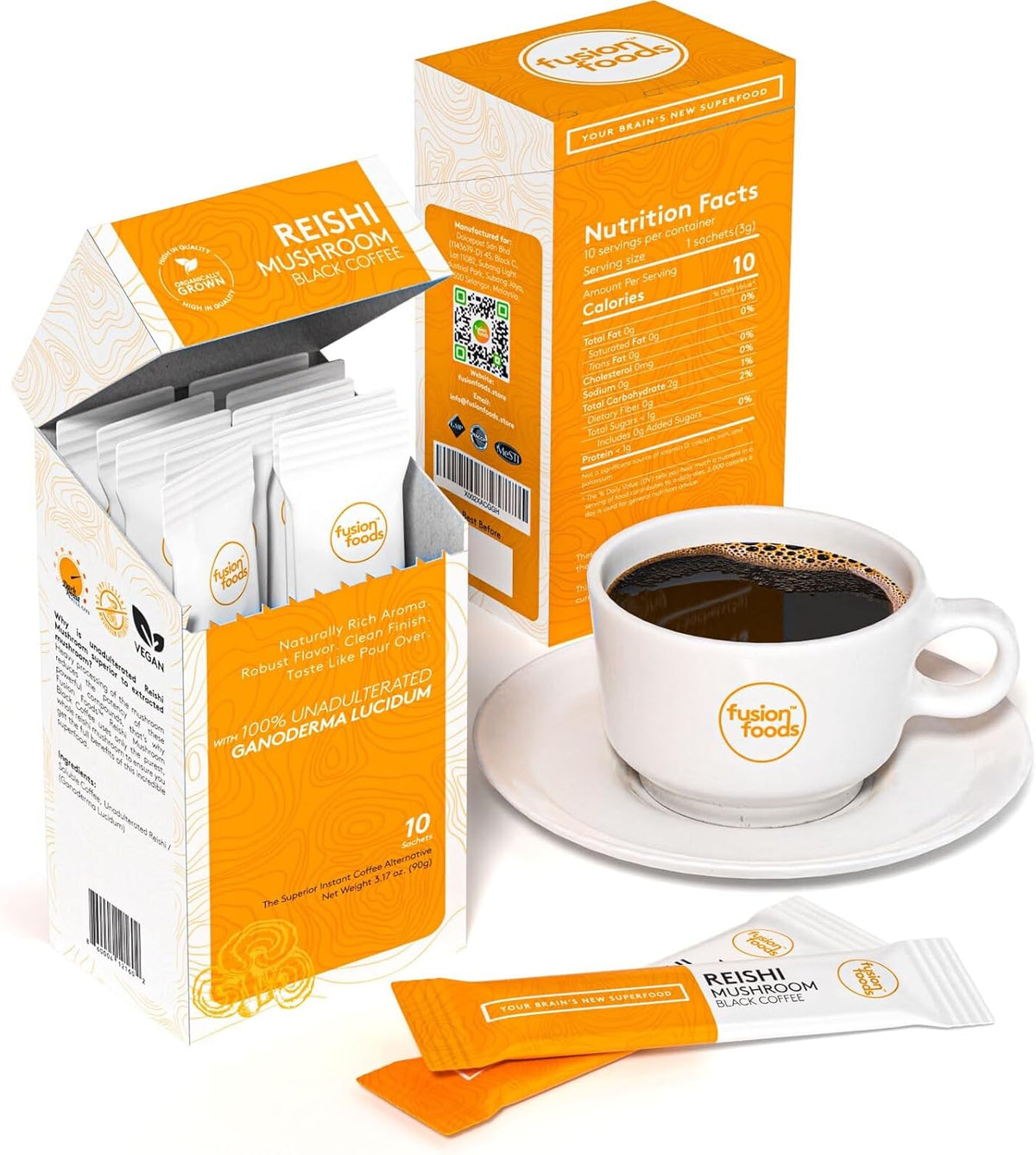 Reishi Mushroom Black Coffee by fushion foods|Stay Focus Longer, Zero Jitters & Immune Support with All Natural Unadulterated Reishi Mushroom Ganoderma | Robust Aroma & Taste - 10 counts - Showlu Well Nation Store