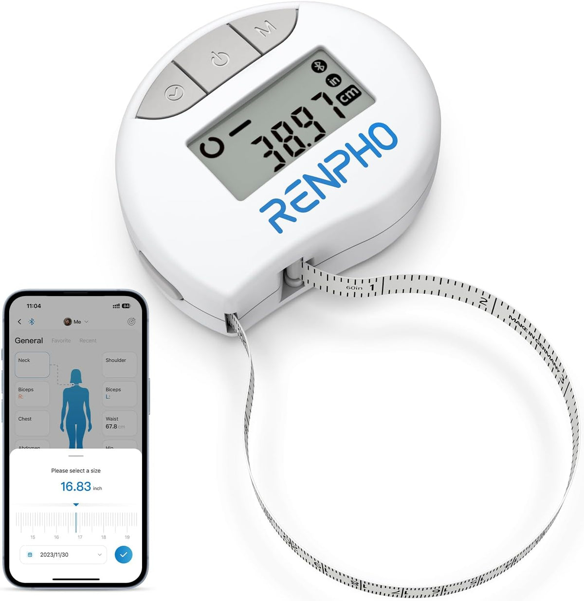 RENPHO Body Measuring Tape, Smart Tape Measure for Weight Loss, Bluetooth Fitness Equipment with App, Measuring Waist, Hip, Bust, Arms, Muscle Gain, Retractable, 60in /150cm, White - Showlu Well Nation Store
