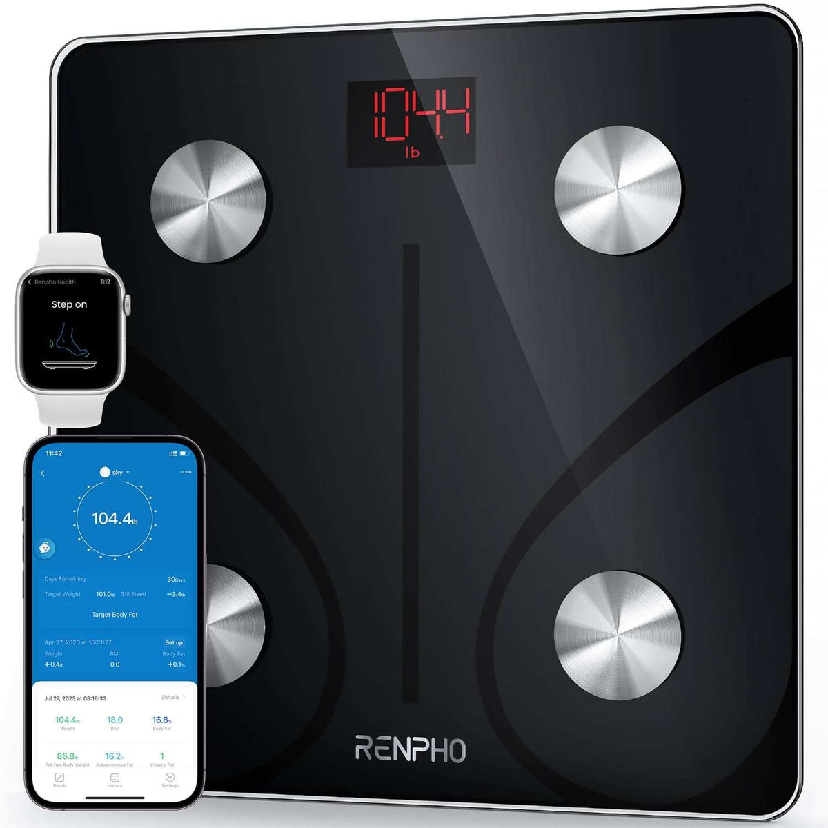 RENPHO black smart scale for body weight with Bluetooth body fat monitor and smartphone app integration