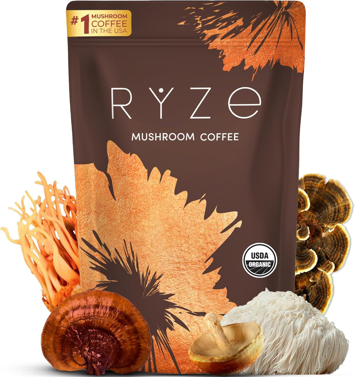 RYZE Mushroom Coffee | 6 Adaptogenic Mushrooms | Organic | Instant Coffee | MCT Oil | Better Energy, Focus, Digestion, Immunity | Cordyceps, Lion’s Mane, Shiitake, Reishi, Turkey Tail, King Trumpet - Showlu Wellness Nation Store