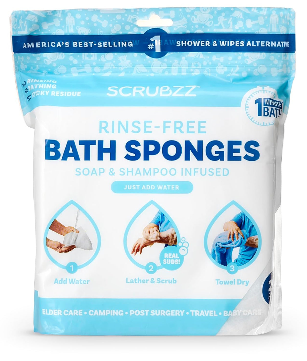 Scrubzz Disposable Rinse Free Bathing Wipes - 25 Pack - All - in - 1 Single Use Shower Wipes, Simply Dampen, Lather, and Dry Without Shampoo or Rinsing - Showlu Wellness Nation Store