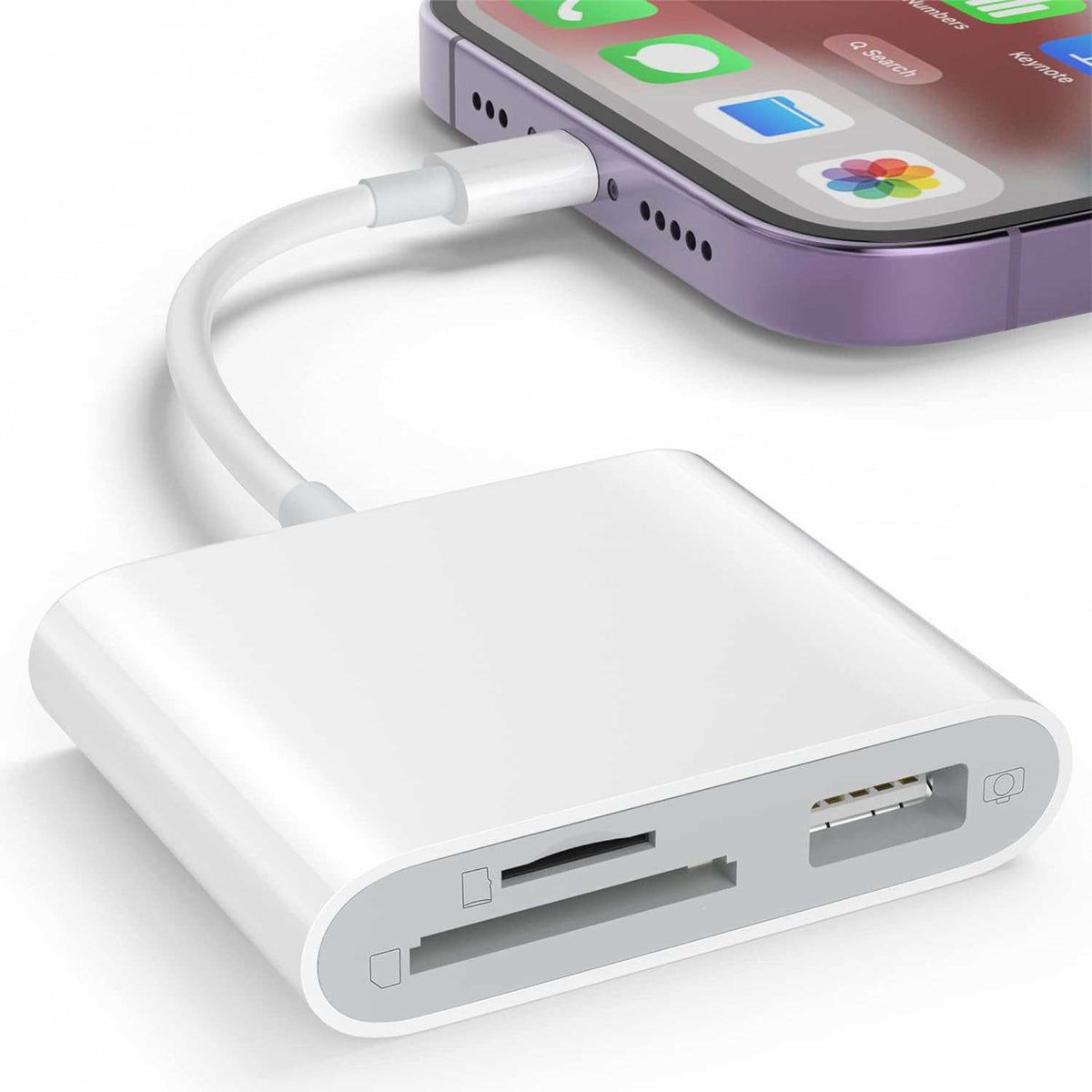 White SD card reader with USB adapter connected to smartphone, compatible with iPhone and iPad for easy photo and file transfer without apps.