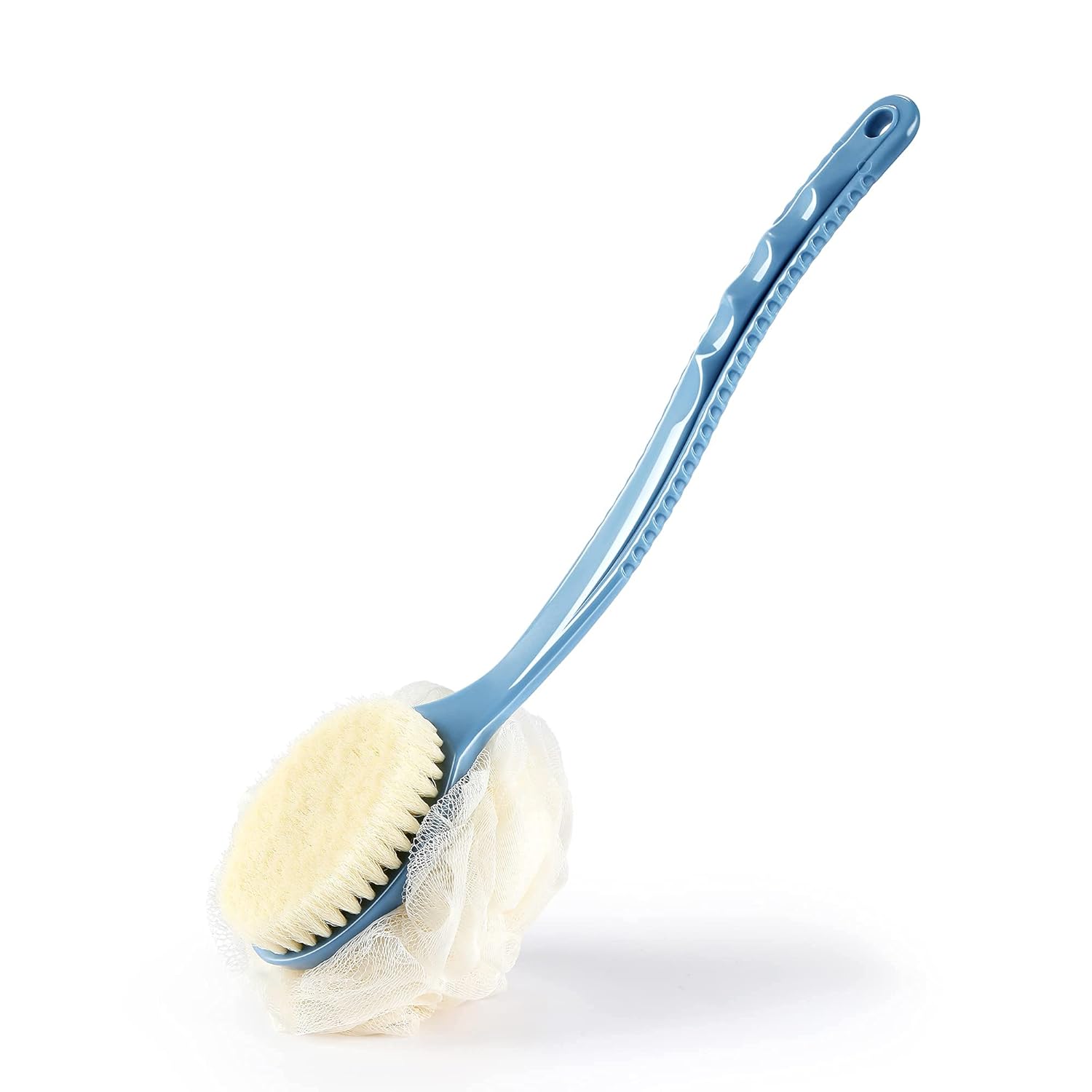 Shower Body Brush with Bristles and Loofah,Back Scrubber Bath Mesh Sponge with Curved Long Handle for Skin Exfoliating Bath, Massage Bristles Suitable for Wet or Dry, Men and Women (Blue) - Showlu Well Nation Store