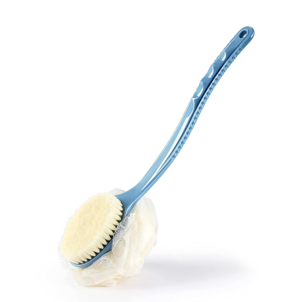Shower Body Brush with Bristles and Loofah,Back Scrubber Bath Mesh Sponge with Curved Long Handle for Skin Exfoliating Bath, Massage Bristles Suitable for Wet or Dry, Men and Women (Blue) - Showlu Well Nation Store