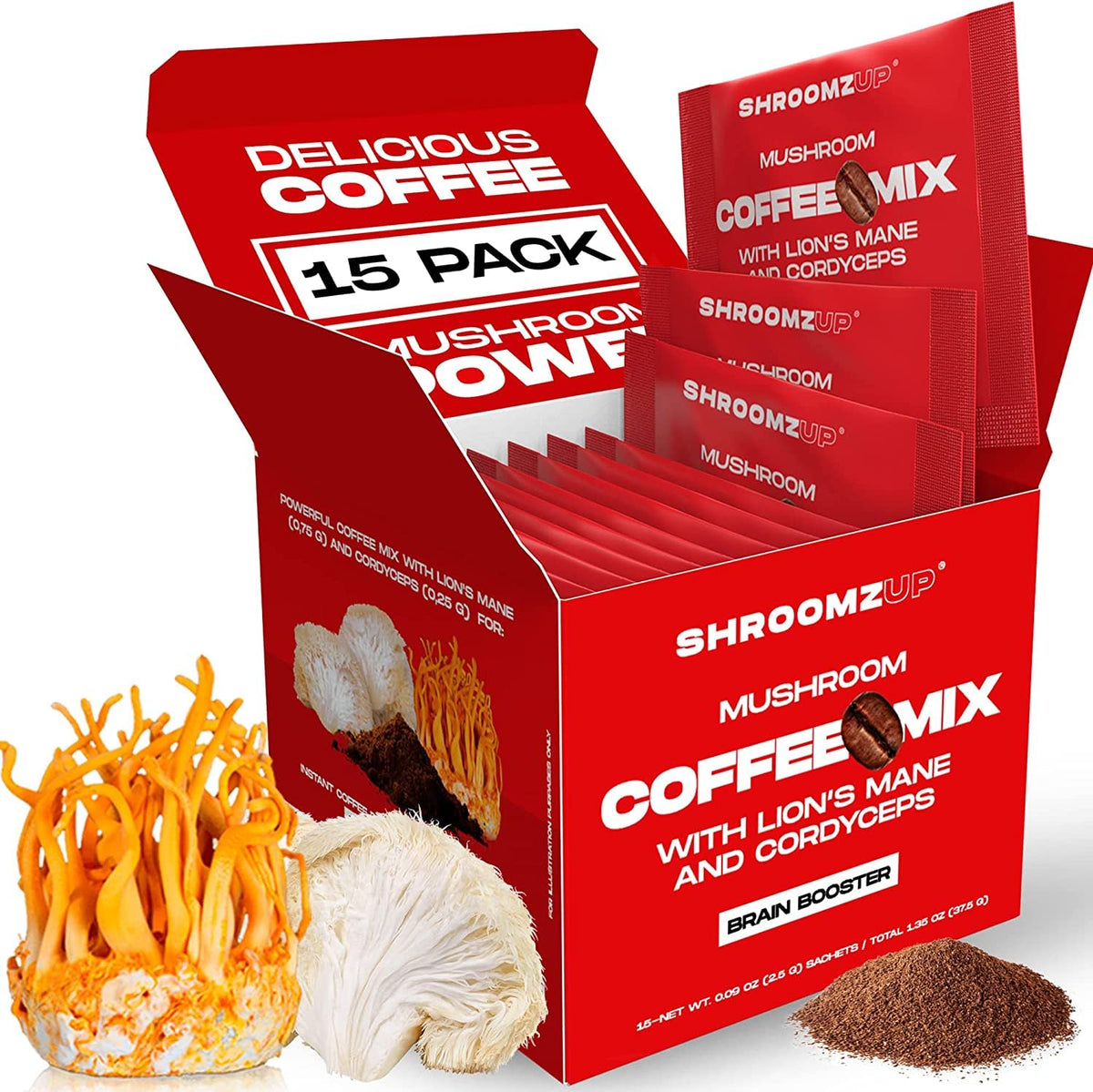 ShroomzUp Mushroom Coffee Instant (15 Pack) - Lion's Mane and Cordyceps - Superfood Nootropic Mushroom Coffee for Energy, Focus, Productivity - Vegan Shroom Instant Coffee Mix for Travel - Showlu Well Nation Store