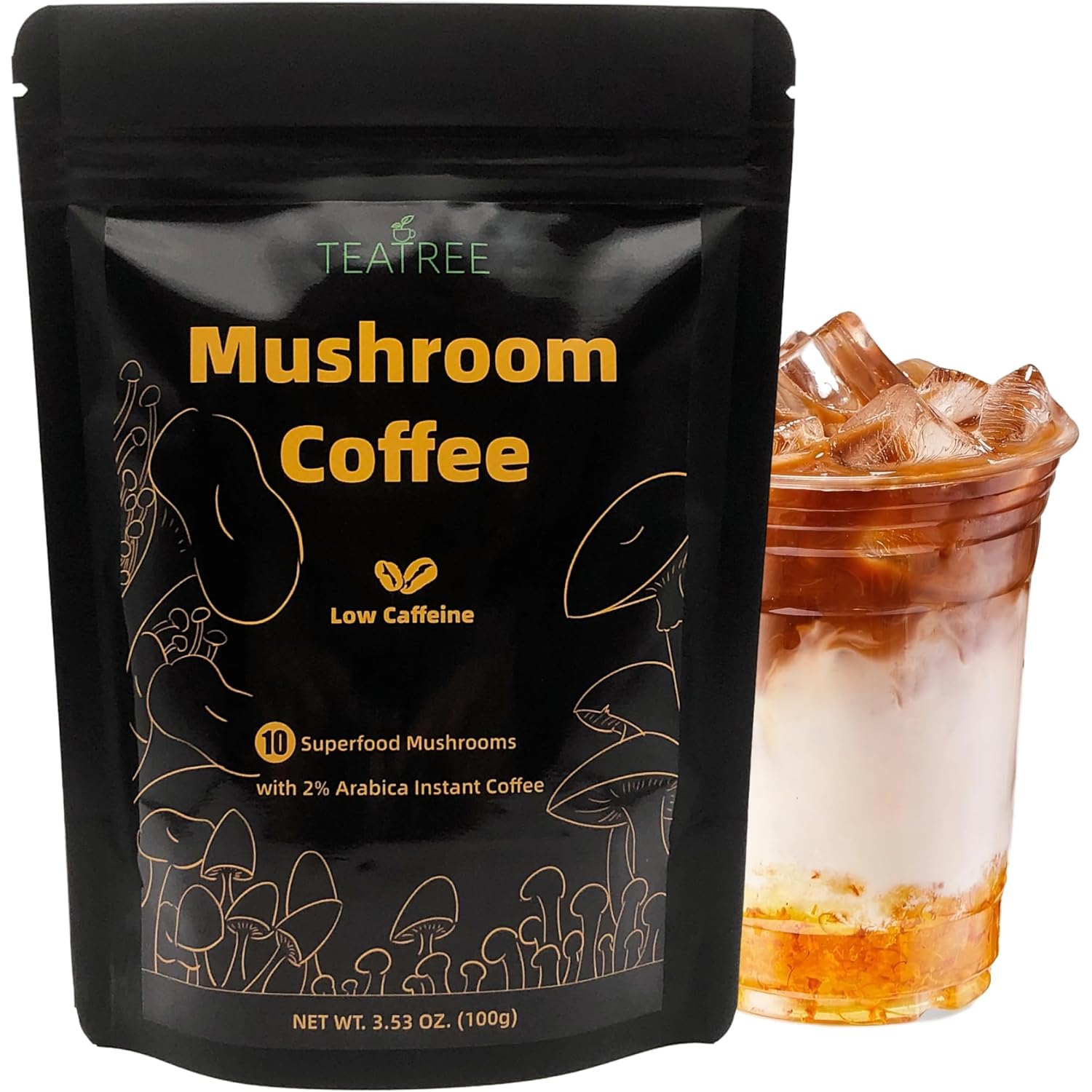 TEATREE Mushroom Coffee (3.53 oz / 100g), 10 Superfood Mushrooms Extract Powder Supplement Blend Instant Coffee for Energy, Focus, and Immune Support, Coffee Substitute Low Caffeine - Showlu Wellness Nation Store