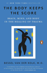 The Body Keeps the Score book cover showing a blue background with black abstract human figure and yellow star-like shapes.