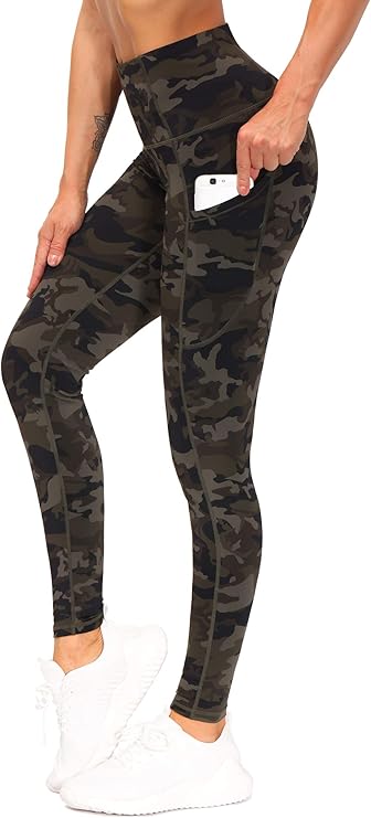 Women’s high waist yoga pants with pockets and tummy control, camouflage print, moisture-wicking, stretchy workout leggings for running and fitness.