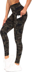 Women’s high waist yoga pants with pockets and tummy control, camouflage print, moisture-wicking, stretchy workout leggings for running and fitness.
