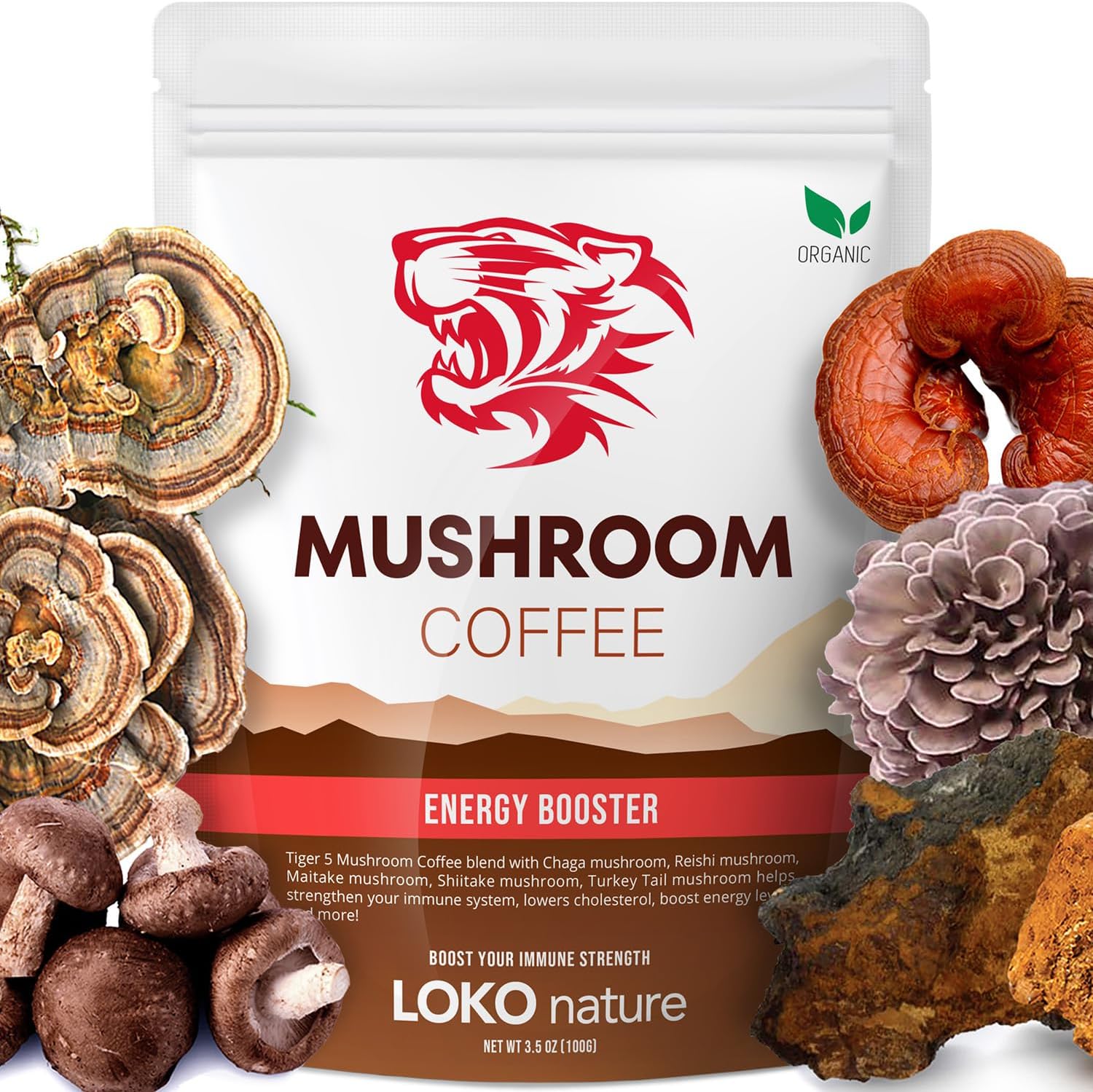 Tiger Organic 5 Mushrooms Instant Coffee with 100% Arabica - Powerful Natural Ingredients | Reishi, Maitake, Shiitake, Chaga & Turkey Tail - Immune System Booster | Gluten - Free, Vegan, Dairy Free - Showlu Well Nation Store