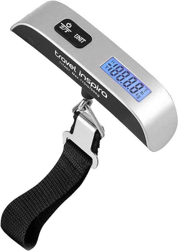 Travel inspira digital portable luggage scale with backlight LCD, rubber handle, 110 lbs capacity, and included battery.