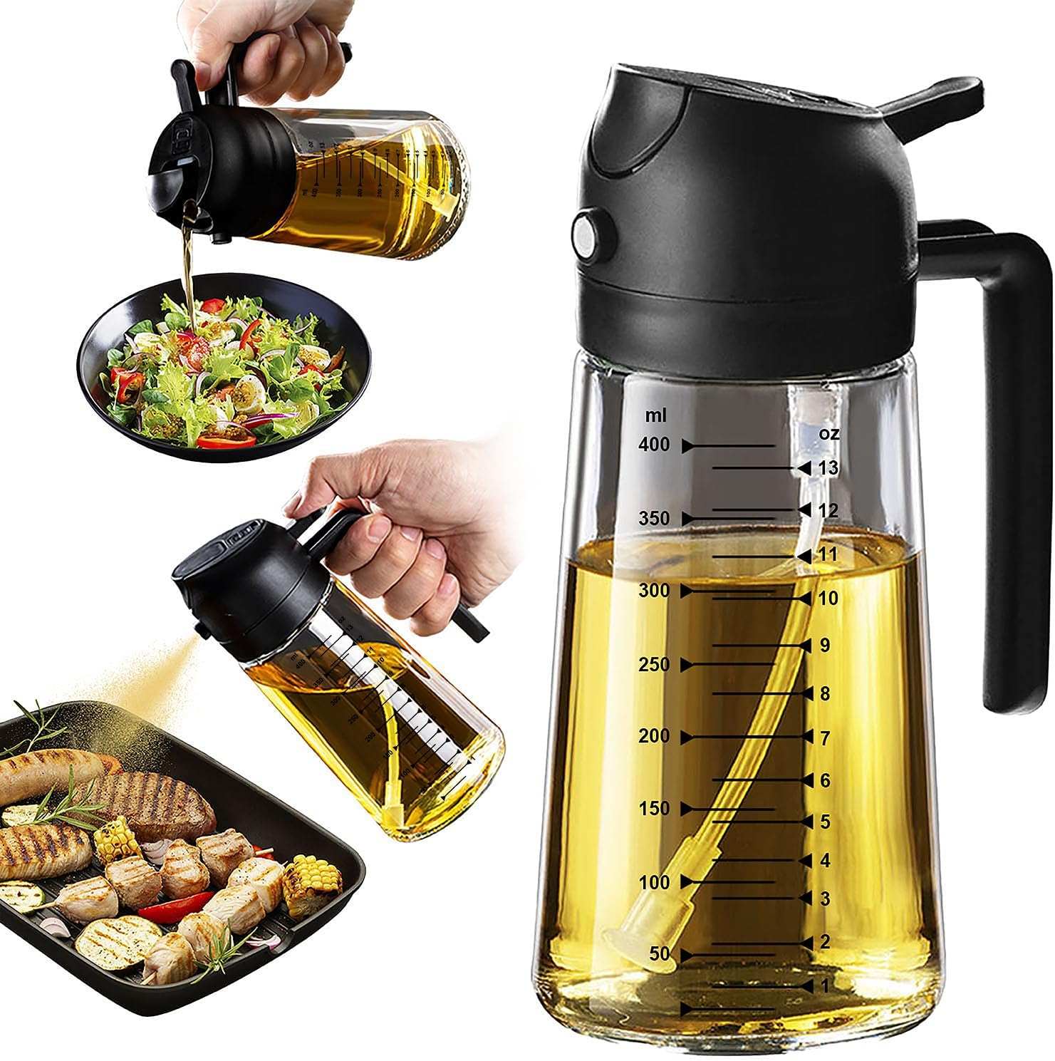 Black glass olive oil sprayer with dual spray and pour function for cooking and salad dressing.
