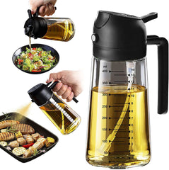 Black glass olive oil sprayer with dual spray and pour function for cooking and salad dressing.