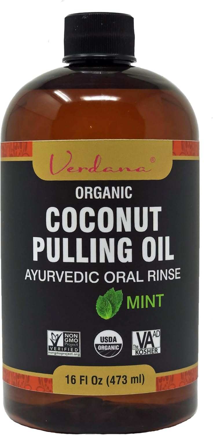 Verdana Organic Coconut Pulling Oil 16 oz mint flavor Ayurvedic oral rinse USDA organic Kosher non-GMO alcohol and fluoride free