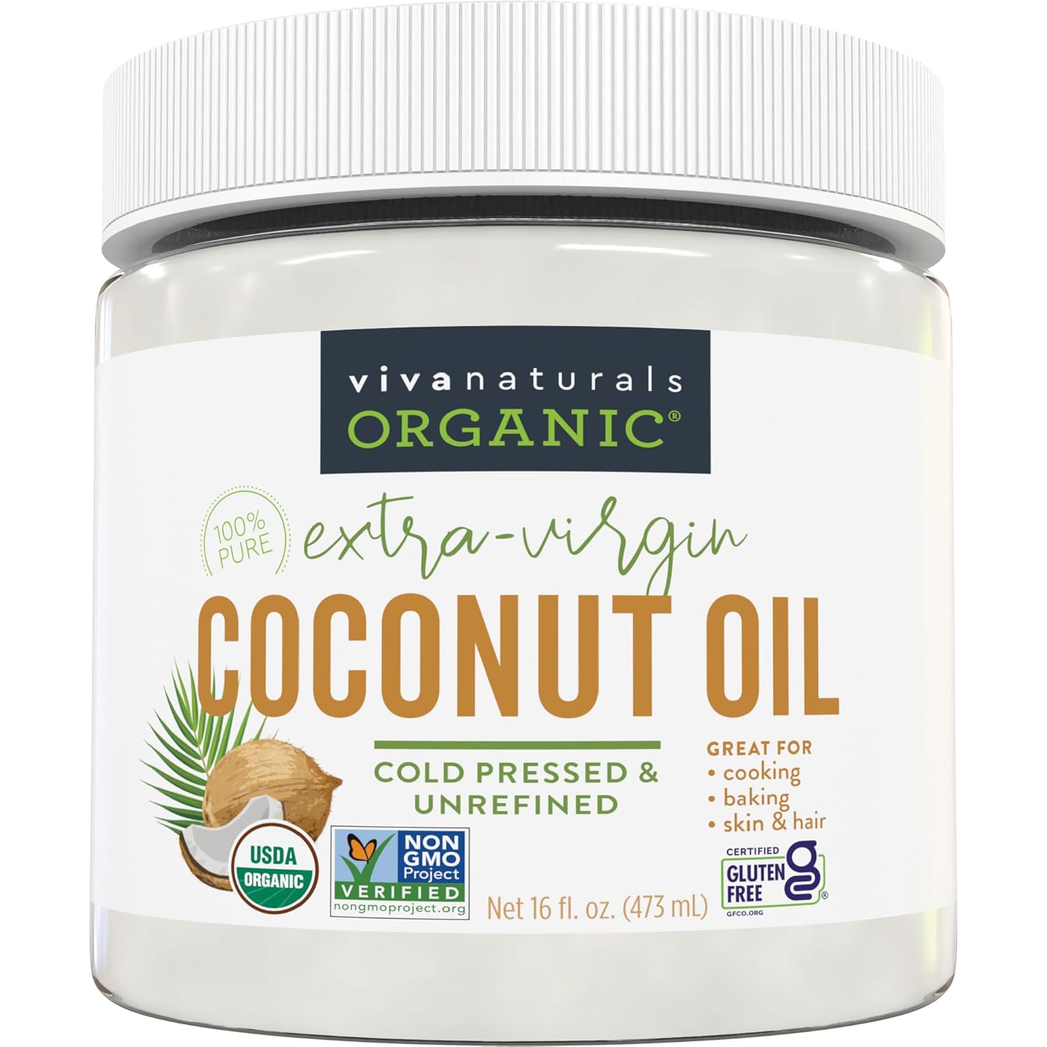 Viva Naturals Organic Coconut Oil - Unrefined, Cold - Pressed Extra Virgin Coconut Oil, USDA Organic and Non - GMO Cooking Oil, Great as Hair Oil and Skin Oil, 16 fl oz - Showlu Well Nation Store