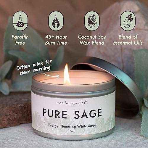 White sage candle for energy cleansing with coconut soy wax blend, 45+ hour burn time, paraffin-free, and essential oils for meditation and spiritual healing.