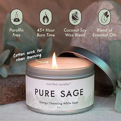 White sage candle for energy cleansing with coconut soy wax blend, 45+ hour burn time, paraffin-free, and essential oils for meditation and spiritual healing.