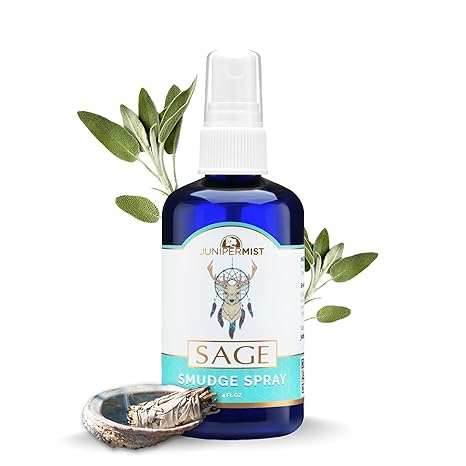 White Sage Smudge Spray 4oz bottle with natural sage leaves and smudging tools for cleansing and protecting energy