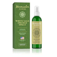 White Sage Smudge Spray by Moonwater Elixirs in green bottle with box, reiki-charged for spiritual cleansing and aura protection.