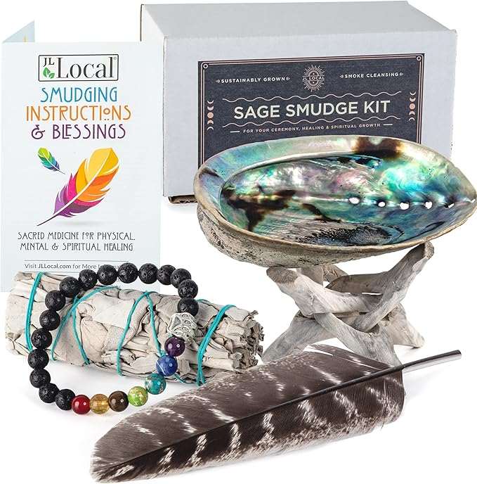 White Sage Smudging Kit with abalone shell, feather, chakra bracelet, wood stand, and instruction booklet for cleansing and spiritual healing