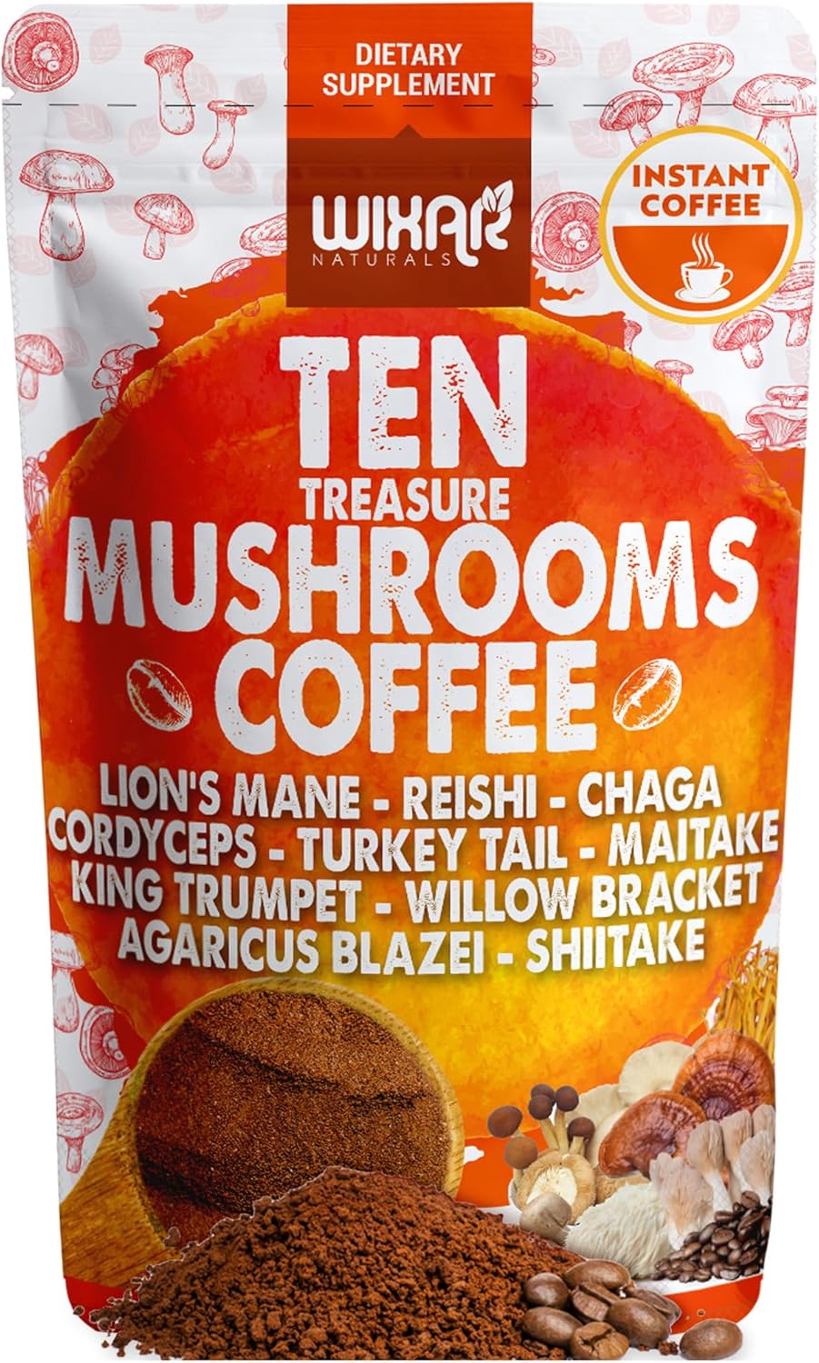 Wixar Mushroom Coffee Blend - Ten Treasure Mushrooms Extract Instant Coffee Powder with Lions Mane, Turkey Tail, Reishi, Chaga, Shiitake, Maitake, Cordyceps, Complex - 5oz Mushroom Supplement - Showlu Wellness Nation Store