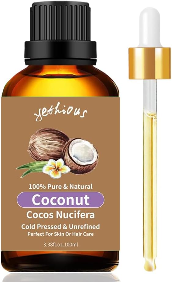 100ml amber glass bottle of yethious Coconut Fragrance Oil with dropper for skin, hair care, and aromatherapy